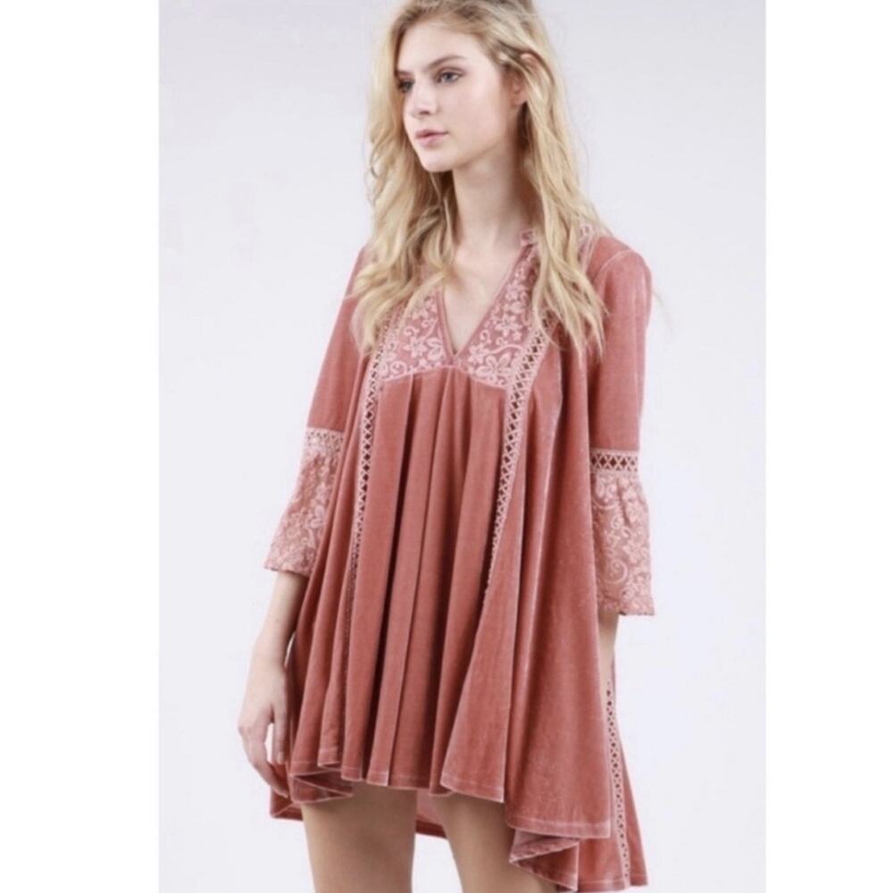 POL Dusty Pink Pink Velvet & Lace Babydoll Dress Women’s Small Boho Peasant - Picture 9 of 10